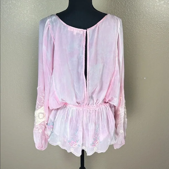 LoveShackFancy Pink Sheer Embroidered Blouse long Billowy Sleeves Size Large - Picture 4 of 10